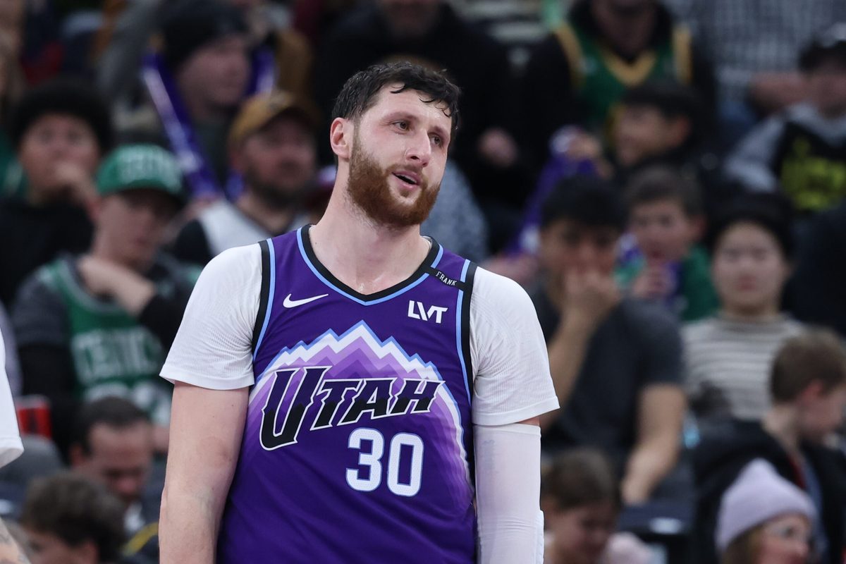 Dec 30, 2025; Salt Lake City, Utah, USA; Utah Jazz center Jusuf Nurkic (30) reacts after a play against the Boston Celtics during the second half at Delta Center. Mandatory Credit: Rob Gray-Imagn Images