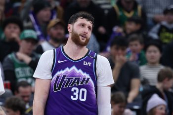 Dec 30, 2025; Salt Lake City, Utah, USA; Utah Jazz center Jusuf Nurkic (30) reacts after a play against the Boston Celtics during the second half at Delta Center. Mandatory Credit: Rob Gray-Imagn Images