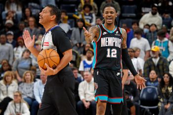 Dec 30, 2025; Memphis, Tennessee, USA; Memphis Grizzlies guard Ja Morant (12) reacts toward an official during the fourth quarter against the Philadelphia 76ers at FedExForum. Mandatory Credit: Petre Thomas-Imagn Images