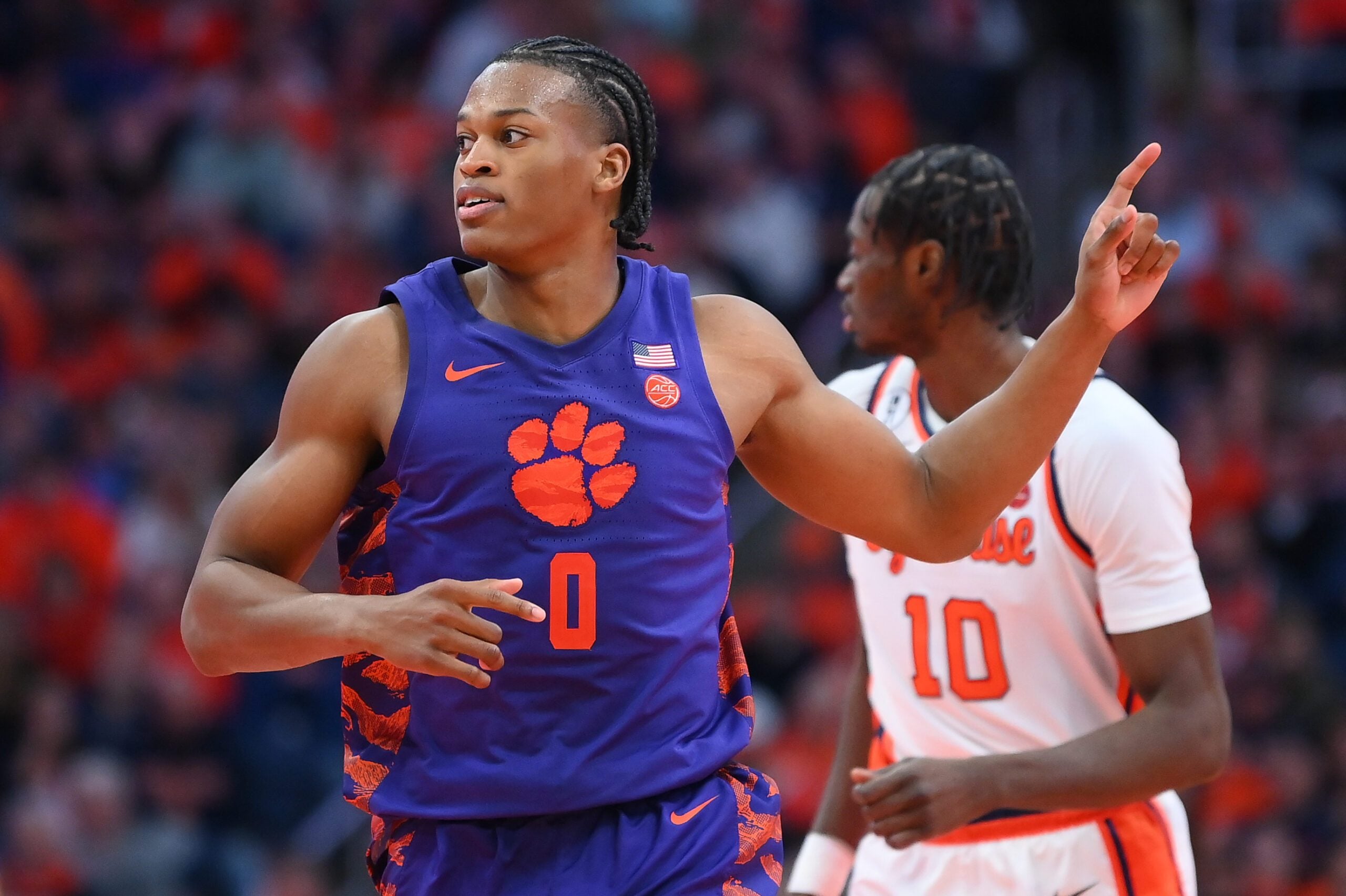 Dec 31, 2025; Syracuse, New York, USA; Clemson Tigers forward RJ Godfrey (0) reacts to a play against the Syracuse Orange during the second half at the JMA Wireless Dome. Mandatory Credit: Rich Barnes-Imagn Images