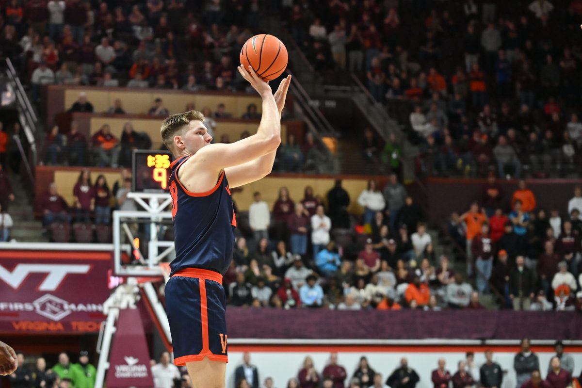 Dec 31, 2025; Blacksburg, Virginia, USA; Virginia Cavaliers forward Thijs de Ridder (28) shoots a shot during the third overtime at Cassell Coliseum. Mandatory Credit: Brian Bishop-Imagn Images