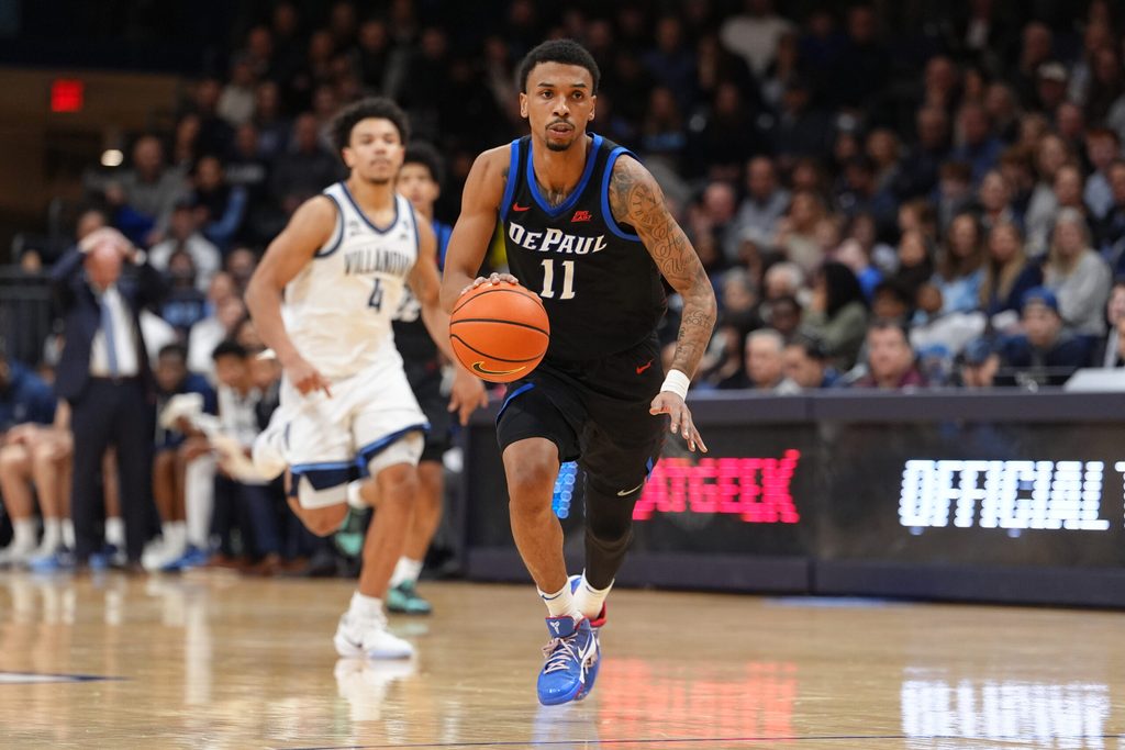 Dec 31, 2025; Villanova, Pennsylvania, USA; DePaul Blue Demons guard CJ Gunn (11) controls the ball against the Villanova Wildcats in the second half at William B. Finneran Pavilion. Mandatory Credit: Kyle Ross-Imagn Images