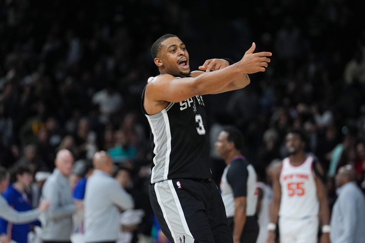 Dec 31, 2025; San Antonio, Texas, USA; San Antonio Spurs forward Keldon Johnson (3) celebrates in the second half against the New York Knicks at Frost Bank Center. Mandatory Credit: Daniel Dunn-Imagn Images