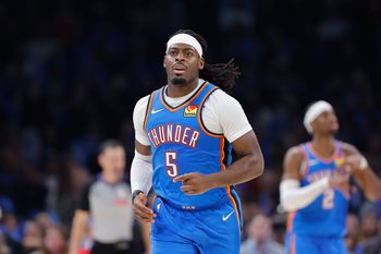 Dec 31, 2025; Oklahoma City, Oklahoma, USA; Oklahoma City Thunder guard Luguentz Dort (5) runs down the court against the Portland Trail Blazers during the second half at Paycom Center. Mandatory Credit: Alonzo Adams-Imagn Images