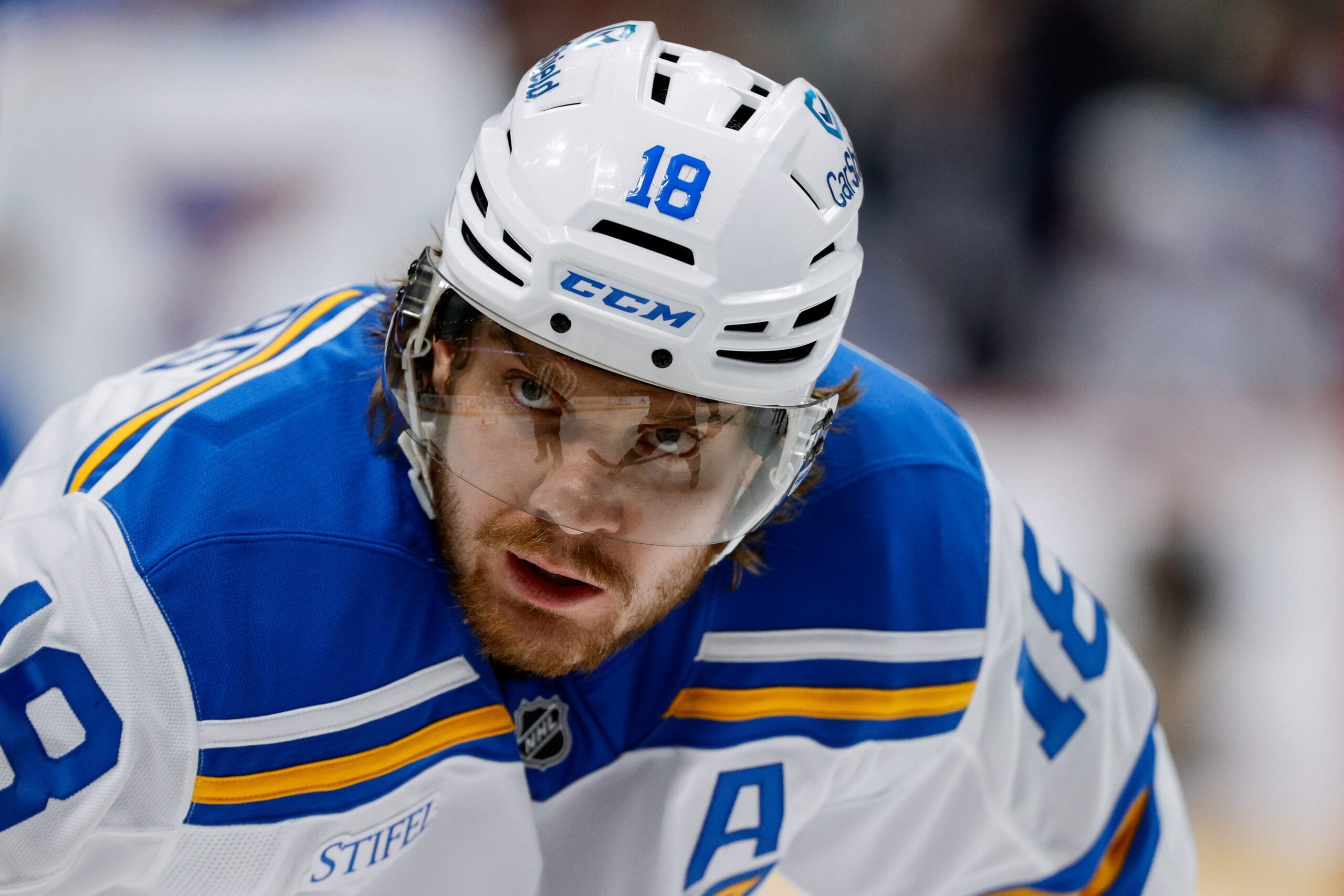 Dec 31, 2025; Denver, Colorado, USA; St. Louis Blues center Robert Thomas (18) in the third period against the Colorado Avalanche at Ball Arena. Mandatory Credit: Isaiah J. Downing-Imagn Images