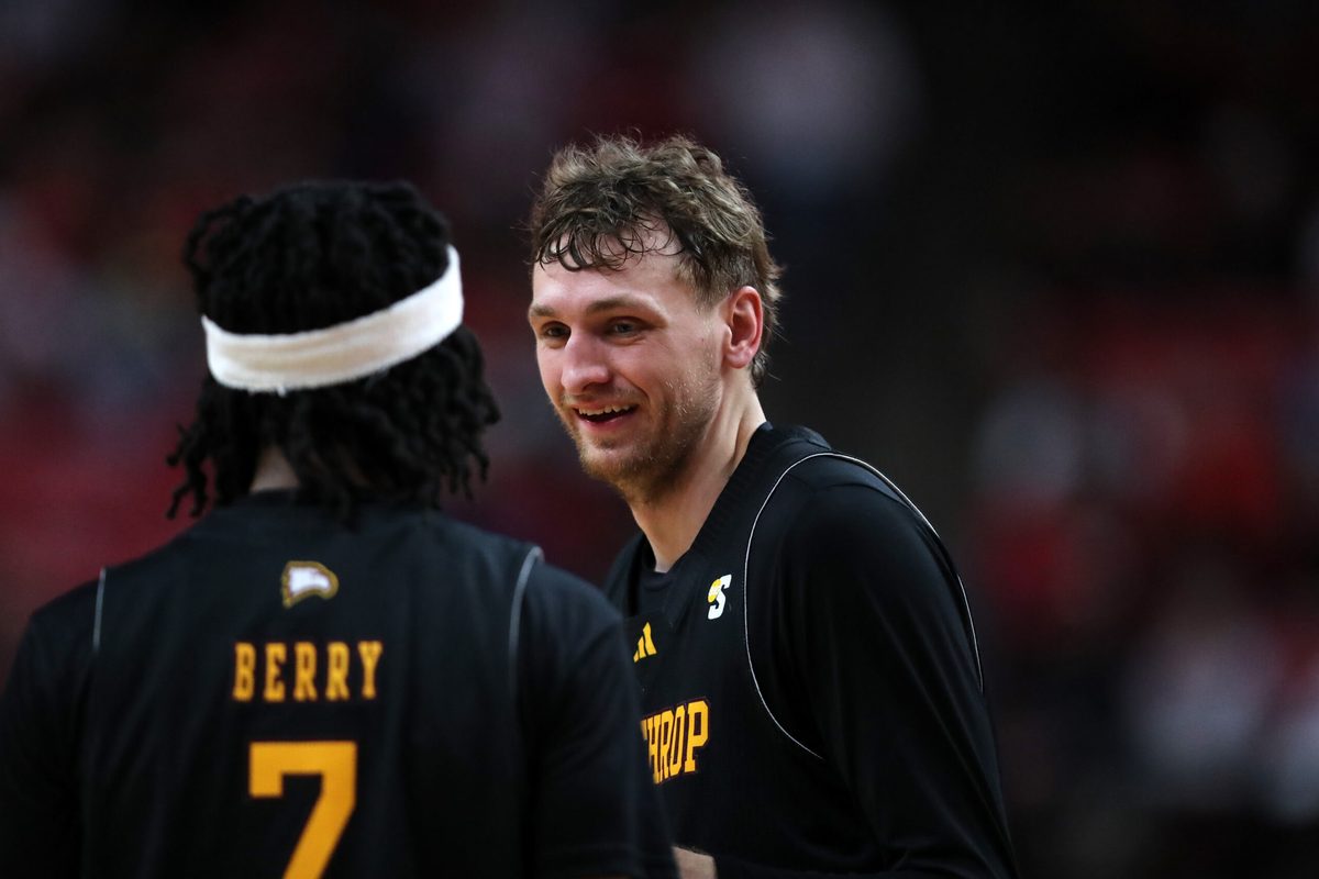 Dec 28, 2025; Lubbock, Texas, USA; Winthrop Eagles center Logan Duncomb (51) in the second half of the game against the Texas Tech Red Raiders at United Supermarkets Arena. Mandatory Credit: Michael C. Johnson-Imagn Images