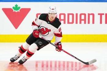 Dec 30, 2025; Toronto, Ontario, CAN; New Jersey Devils left wing Jesper Bratt (63) skates during the warmup before a game against the Toronto Maple Leafs at Scotiabank Arena. Mandatory Credit: Nick Turchiaro-Imagn Images