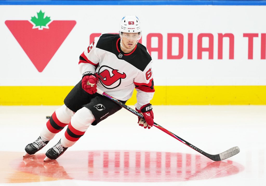 Dec 30, 2025; Toronto, Ontario, CAN; New Jersey Devils left wing Jesper Bratt (63) skates during the warmup before a game against the Toronto Maple Leafs at Scotiabank Arena. Mandatory Credit: Nick Turchiaro-Imagn Images