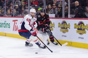 Jan 1, 2026; Ottawa, Ontario, CAN; Washington Capitals right wing Tom Wilson (43) and Ottawa Senators right wing Drake Batherson (19) chase the puck in the first period at the Canadian Tire Centre. Mandatory Credit: Marc DesRosiers-IMAGN Images