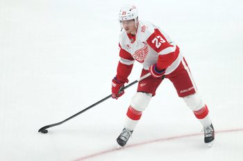 Jan 1, 2026; Pittsburgh, Pennsylvania, USA;  Detroit Red Wings left wing Lucas Raymond (23) warms up against the Pittsburgh Penguins at PPG Paints Arena. Mandatory Credit: Charles LeClaire-Imagn Images