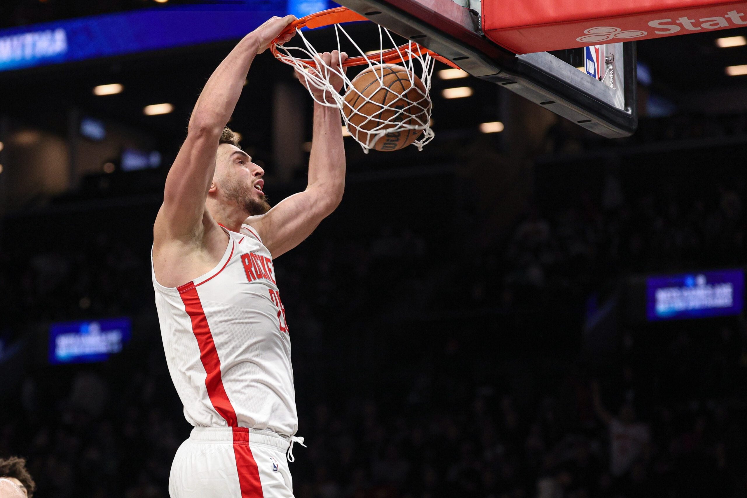 Jan 1, 2026; Brooklyn, New York, USA; Houston Rockets center Alperen Sengun (28) dunks the ball during the second half against the Brooklyn Nets at Barclays Center. Mandatory Credit: Vincent Carchietta-Imagn Images