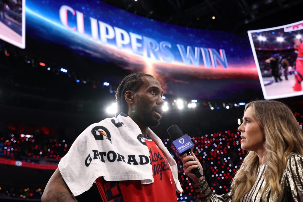 Jan 1, 2026; Inglewood, California, USA; Los Angeles Clippers forward Kawhi Leonard (2) takes a post game interview after defeating the Utah Jazz 118-101 at Intuit Dome. Mandatory Credit: Kiyoshi Mio-Imagn Images