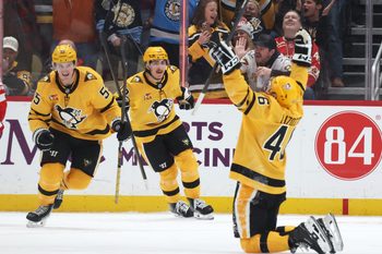 Jan 1, 2026; Pittsburgh, Pennsylvania, USA;  Pittsburgh Penguins center Noel Acciari (55) and center Connor Dewar (19) react to a goal by center Blake Lizotte (46) during the third period against the Detroit Red Wings at PPG Paints Arena. Mandatory Credit: Charles LeClaire-Imagn Images