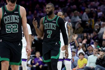 Jan 1, 2026; Sacramento, California, USA; Boston Celtics forward Jaylen Brown (7) signals for a replay after getting fouled out during the fourth quarter at Golden 1 Center. Mandatory Credit: Dennis Lee-Imagn Images