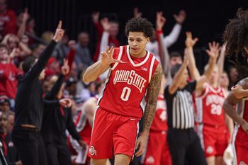 Jan 2, 2026; Piscataway, New Jersey, USA; Ohio State Buckeyes guard John Mobley Jr. (0) reacts after making a three point basket during the second half against the Rutgers Scarlet Knights at Jersey Mike's Arena. Mandatory Credit: Vincent Carchietta-Imagn Images
