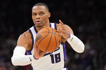 Jan 2, 2026; Phoenix, Arizona, USA; Sacramento Kings guard Russell Westbrook (18) passes the ball against the Phoenix Suns during the second half at Mortgage Matchup Center. Mandatory Credit: Joe Camporeale-Imagn Images