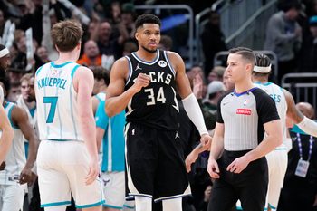 Jan 2, 2026; Milwaukee, Wisconsin, USA; Milwaukee Bucks forward Giannis Antetokounmpo (34) celebrates a 122-121 win over the Charlotte Hornets at Fiserv Forum. Mandatory Credit: Michael McLoone-Imagn Images