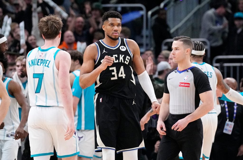 Jan 2, 2026; Milwaukee, Wisconsin, USA; Milwaukee Bucks forward Giannis Antetokounmpo (34) celebrates a 122-121 win over the Charlotte Hornets at Fiserv Forum. Mandatory Credit: Michael McLoone-Imagn Images