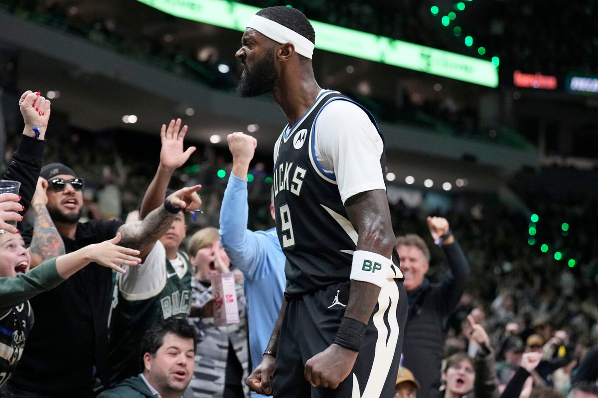 Jan 2, 2026; Milwaukee, Wisconsin, USA; Milwaukee Bucks forward Bobby Portis (9) celebrates after a made 3 point shot against the Charlotte Hornets at Fiserv Forum. Mandatory Credit: Michael McLoone-Imagn Images