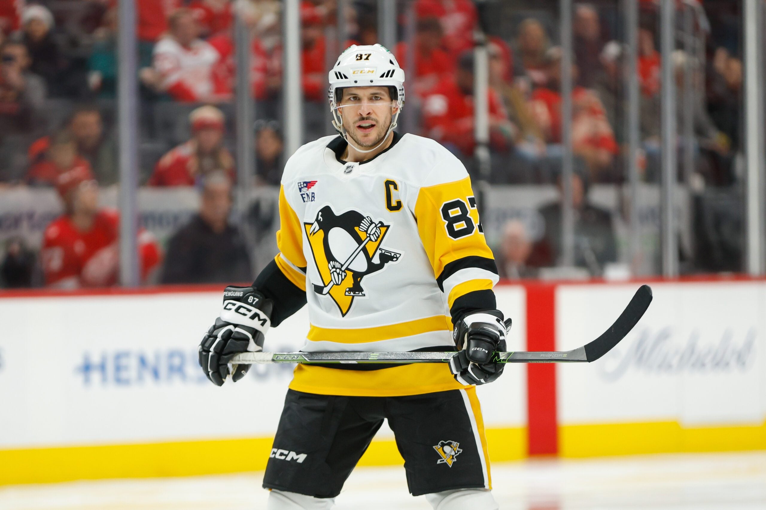 Jan 3, 2026; Detroit, Michigan, USA; Pittsburgh Penguins center Sidney Crosby (87) looks on during the third period against the Detroit Red Wings at Little Caesars Arena. Mandatory Credit: Brian Bradshaw Sevald-Imagn Images