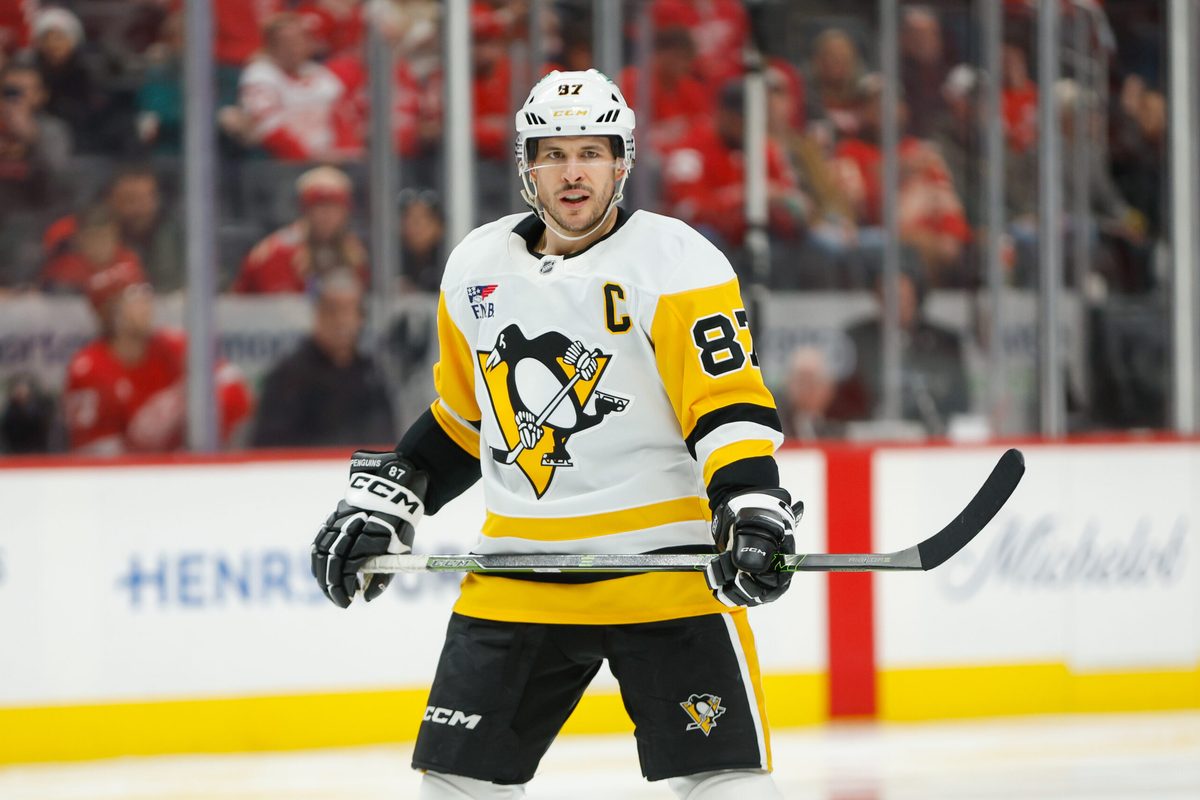 Jan 3, 2026; Detroit, Michigan, USA; Pittsburgh Penguins center Sidney Crosby (87) looks on during the third period against the Detroit Red Wings at Little Caesars Arena. Mandatory Credit: Brian Bradshaw Sevald-Imagn Images