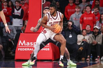 Jan 3, 2026; New York, New York, USA;  St. John's Red Storm forward Zuby Ejiofor (24) looks to post up against Providence Friars forward Duncan Powell (31) in the first half at Madison Square Garden. Mandatory Credit: Wendell Cruz-Imagn Images