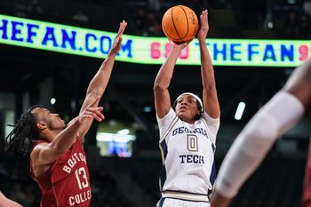 Jan 3, 2026; Atlanta, Georgia, USA; Georgia Tech Yellow Jackets guard Akai Fleming (0) shoots against the Boston College Eagles in the second half at McCamish Pavilion. Mandatory Credit: Brett Davis-Imagn Images