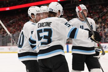 Jan 3, 2026; Newark, New Jersey, USA; Utah Mammoth left wing Michael Carcone (53) celebrates his goal against the New Jersey Devils during the third period at Prudential Center. Mandatory Credit: Ed Mulholland-Imagn Images