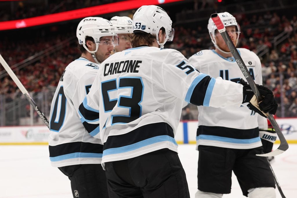 Jan 3, 2026; Newark, New Jersey, USA; Utah Mammoth left wing Michael Carcone (53) celebrates his goal against the New Jersey Devils during the third period at Prudential Center. Mandatory Credit: Ed Mulholland-Imagn Images