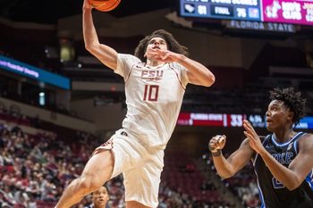 Florida State Seminoles guard Lajae Jones (10) shoots for two. The Duke Blue Devils defeated the Florida State Seminoles 91-87 at the Tucker Civic Center on Saturday, Jan. 3, 2026.
