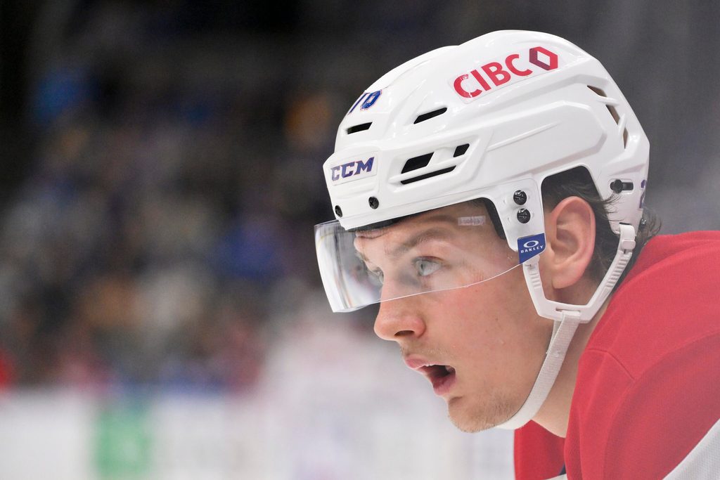 Jan 3, 2026; St. Louis, Missouri, USA; Montreal Canadiens center Zack Bolduc (76) looks on during the third period against the St. Louis Blues at Enterprise Center. Mandatory Credit: Jeff Curry-Imagn Images