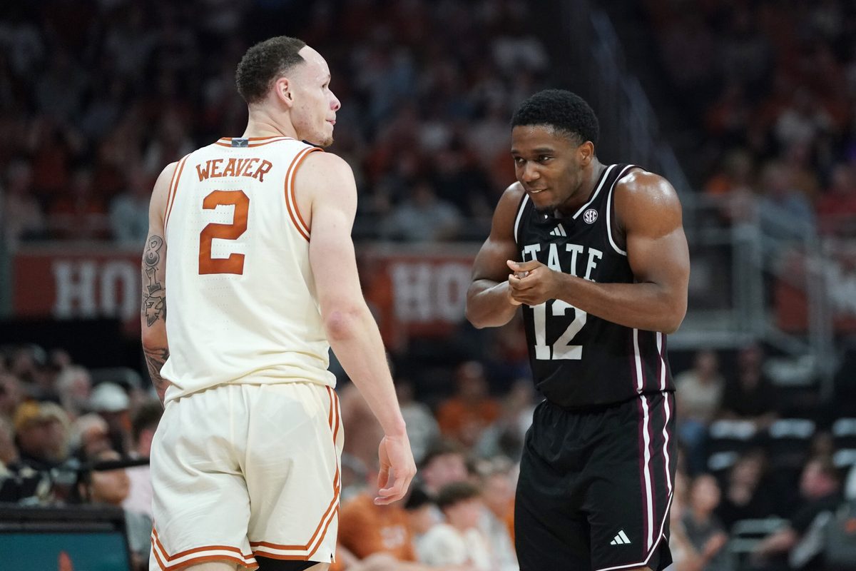 Jan 3, 2026; Austin, Texas, USA; Mississippi State Bulldogs guard Josh Hubbard (12) reacts to a basket as Texas Longhorns guard Chendall Weaver (2) looks on during the second half at Moody Center. Mandatory Credit: Dustin Safranek-Imagn Images