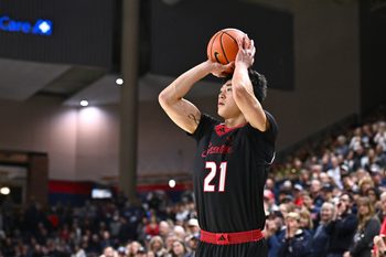 Jan 2, 2026; Spokane, Washington, USA; Seattle U Redhawks forward Junseok Yeo (21) shoots the ball against the Gonzaga Bulldogs in the second half at McCarthey Athletic Center. Mandatory Credit: James Snook-Imagn Images