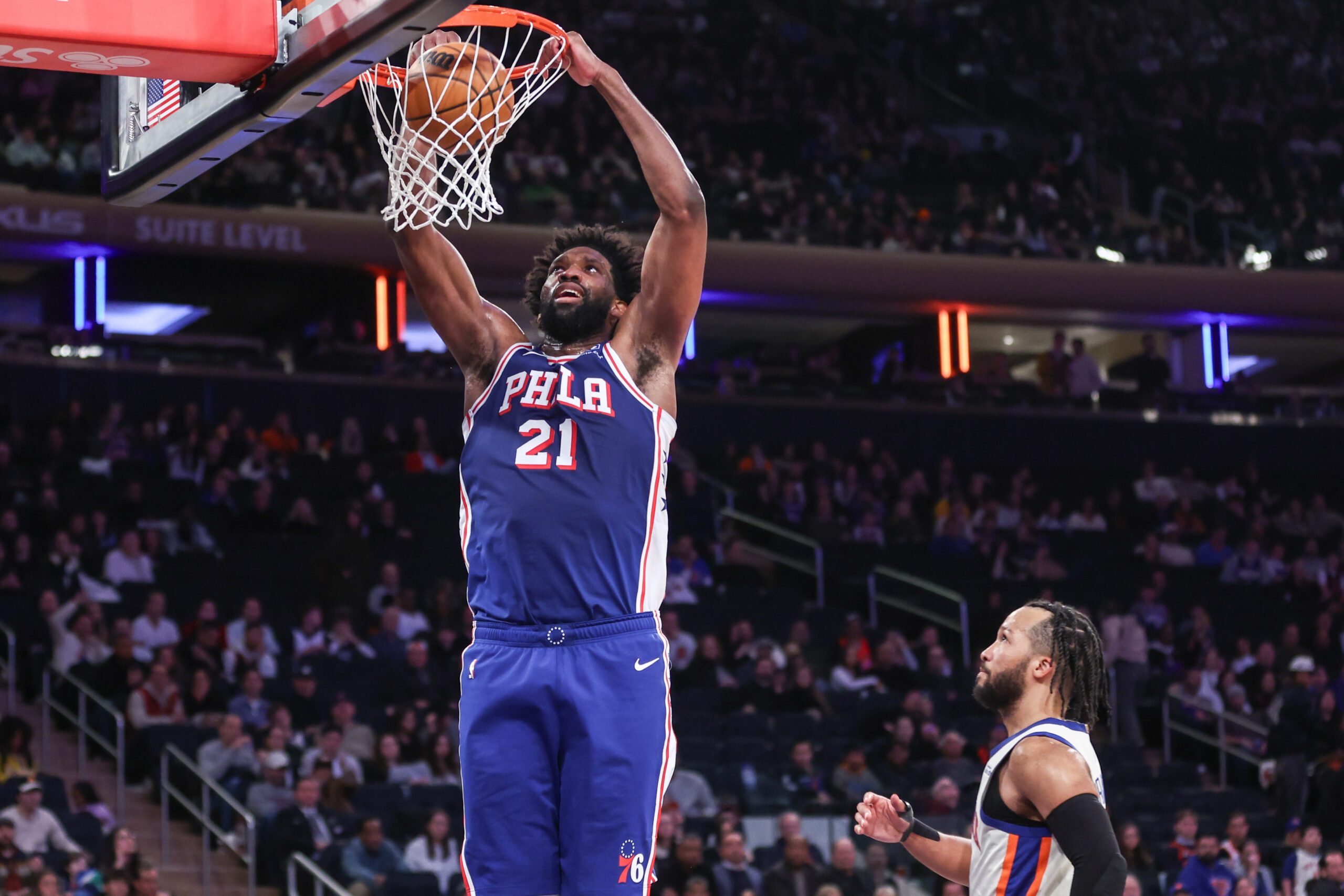 Jan 3, 2026; New York, New York, USA; Philadelphia 76ers center Joel Embiid (21) dunks in the fourth quarter against the New York Knicks at Madison Square Garden. Mandatory Credit: Wendell Cruz-Imagn Images