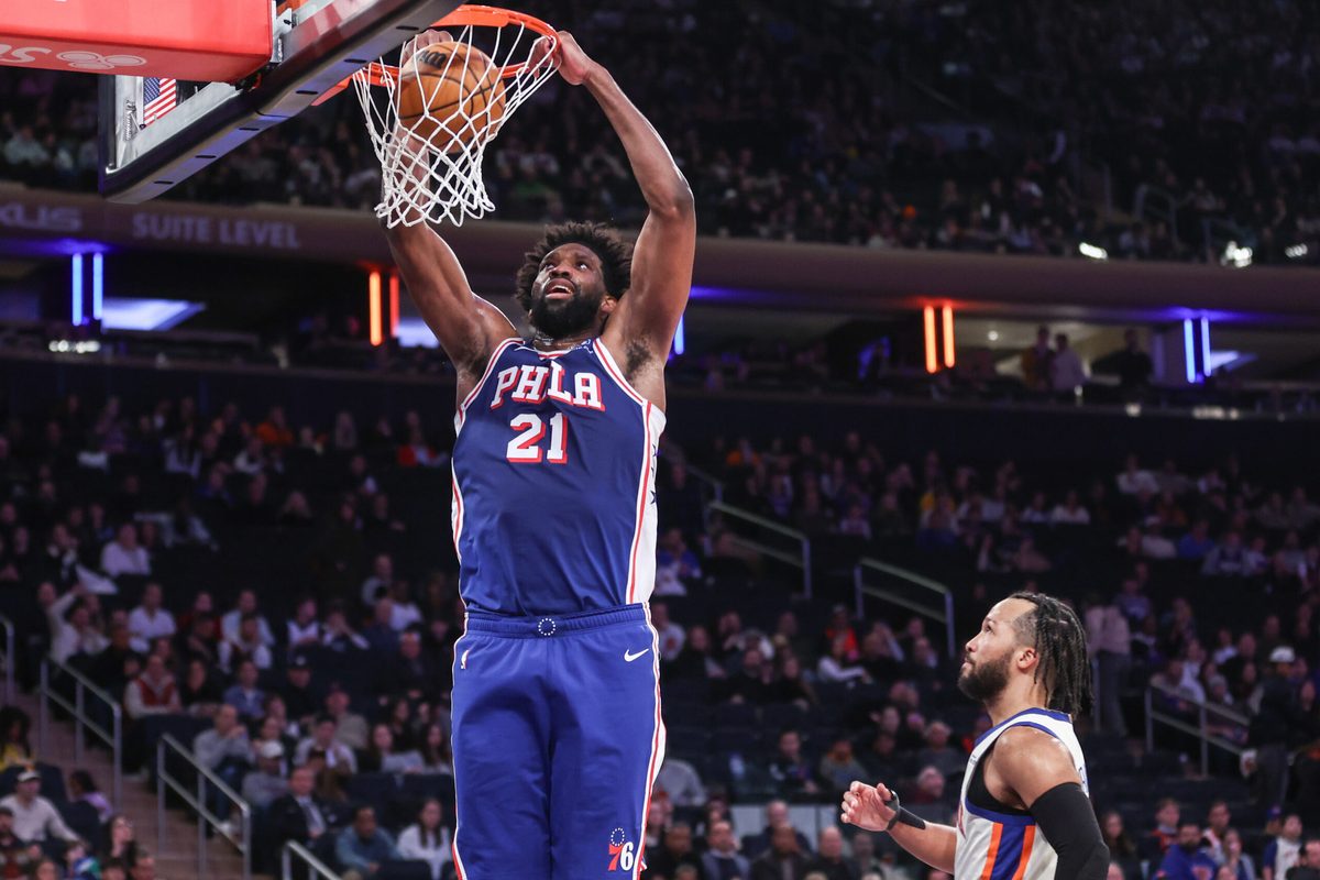 Jan 3, 2026; New York, New York, USA; Philadelphia 76ers center Joel Embiid (21) dunks in the fourth quarter against the New York Knicks at Madison Square Garden. Mandatory Credit: Wendell Cruz-Imagn Images