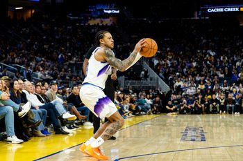 Jan 3, 2026; San Francisco, California, USA;  Utah Jazz guard Keyonte George (3) takes a three-point shot against the Golden State Warriors during the fourth quarter at Chase Center. Mandatory Credit: John Hefti-Imagn Images