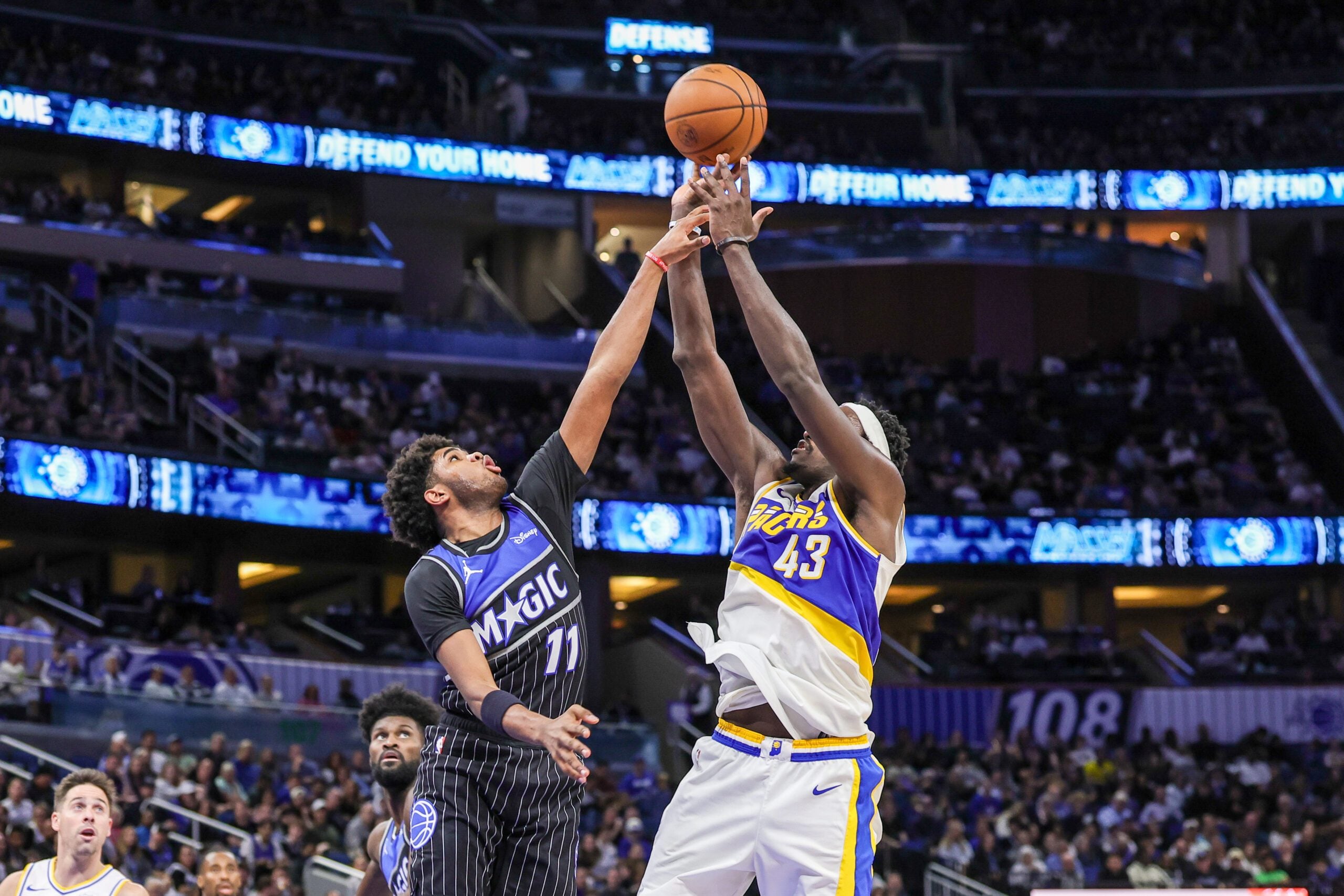 Jan 4, 2026; Orlando, Florida, USA; Indiana Pacers forward Pascal Siakam (43) shoots over Orlando Magic guard Jase Richardson (11) during the second half at Kia Center. Mandatory Credit: Mike Watters-Imagn Images