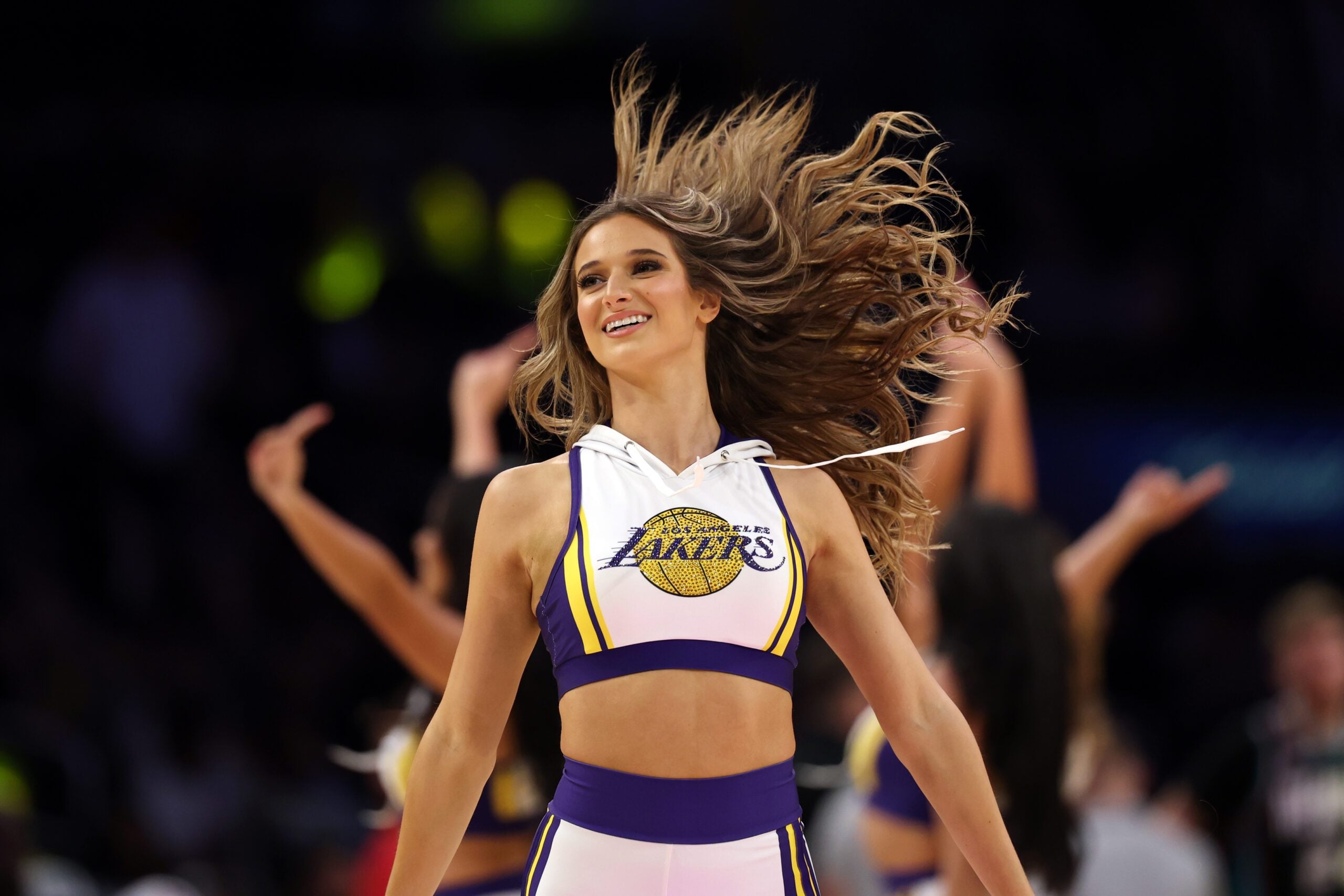 Jan 4, 2026; Los Angeles, California, USA;  A member of the Laker Girls performs during an NBA game between the Los Angeles Lakers and the Memphis Grizzlies at Crypto.com Arena. Mandatory Credit: Kiyoshi Mio-Imagn Images