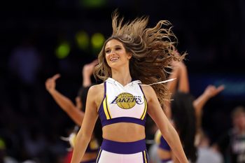 Jan 4, 2026; Los Angeles, California, USA;  A member of the Laker Girls performs during an NBA game between the Los Angeles Lakers and the Memphis Grizzlies at Crypto.com Arena. Mandatory Credit: Kiyoshi Mio-Imagn Images