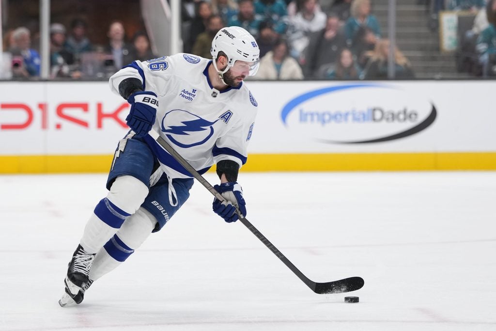 Jan 3, 2026; San Jose, California, USA; Tampa Bay Lightning right wing Nikita Kucherov (86) during the second period against the San Jose Sharks at SAP Center at San Jose. Mandatory Credit: Darren Yamashita-Imagn Images