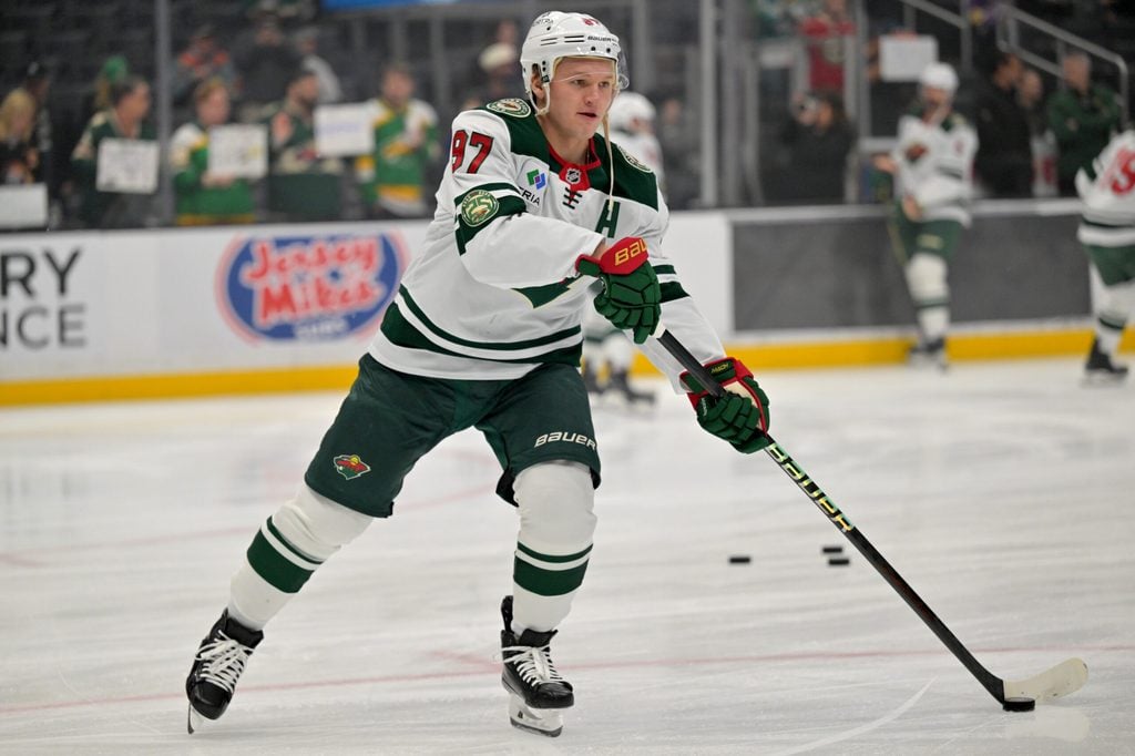 Jan 5, 2026; Los Angeles, California, USA; Minnesota Wild left wing Kirill Kaprizov (97) warms up prior to the game against the Los Angeles Kings at Crypto.com Arena. Mandatory Credit: Jayne Kamin-Oncea-Imagn Images