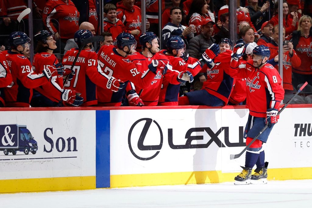 Jan 5, 2026; Washington, District of Columbia, USA; Washington Capitals left wing Alex Ovechkin (8) celebrates with teammates after scoring an empty net goal against the Anaheim Ducks during the third period at Capital One Arena. Mandatory Credit: Geoff Burke-Imagn Images