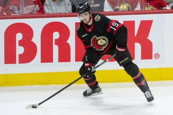 Jan 5, 2026; Ottawa, Ontario, CAN; Ottawa Senators right wing Drake batherson (19) skates with the puck in the third period against the Detroit Red Wings at the Canadian Tire Centre. Mandatory Credit: Marc DesRosiers-IMAGN Images