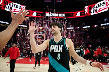 Jan 5, 2026; Portland, Oregon, USA; Portland Trail Blazers forward Deni Avdija (8) celebrates a win over the Utah Jazz at Moda Center. Mandatory Credit: Troy Wayrynen-Imagn Images