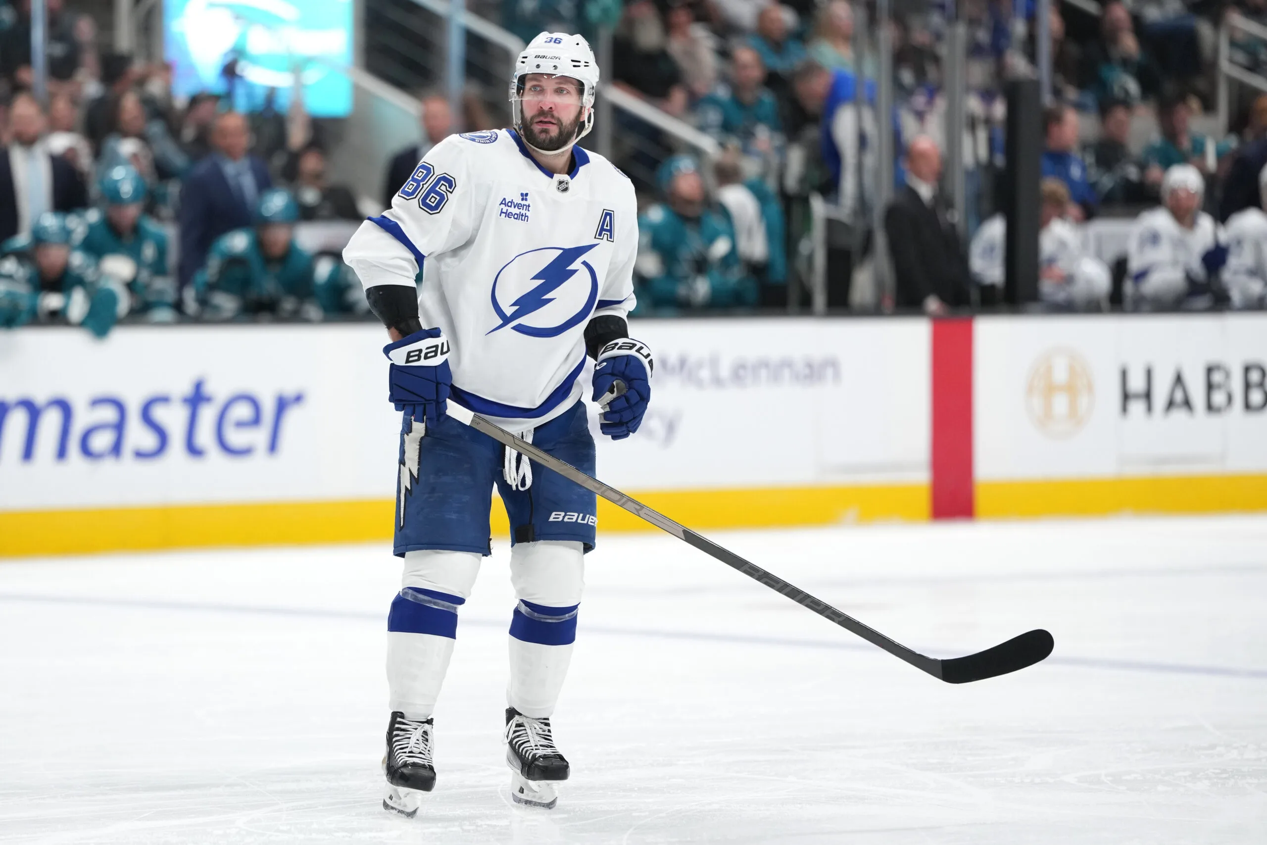 Jan 3, 2026; San Jose, California, USA; Tampa Bay Lightning right wing Nikita Kucherov (86) during the third period against the San Jose Sharks at SAP Center at San Jose. Mandatory Credit: Darren Yamashita-Imagn Images