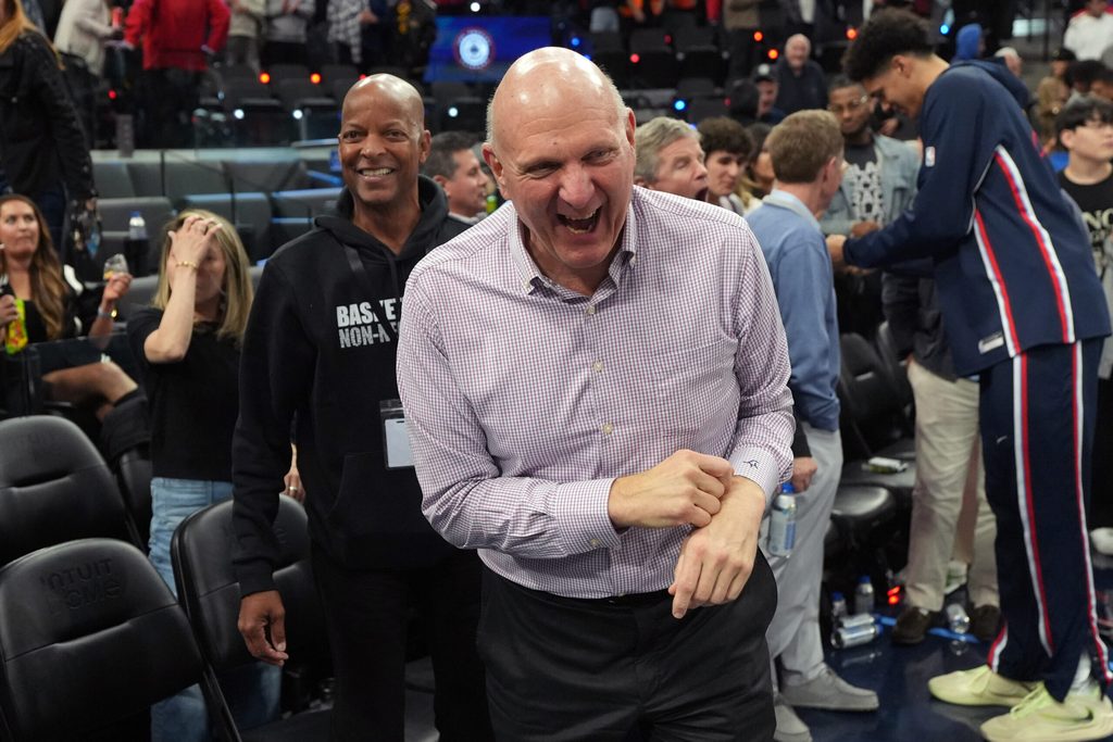 Jan 5, 2026; Inglewood, California, USA; LA Clippers owner Steve Ballmer reacts after the game against the Golden State Warriors at Intuit Dome. Mandatory Credit: Kirby Lee-Imagn Images