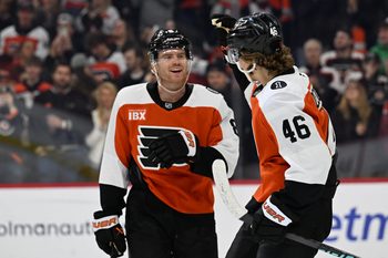 Jan 6, 2026; Philadelphia, Pennsylvania, USA; Philadelphia Flyers center Trevor Zegras (46) celebrates his goal with defenseman Cam York (8) against the Anaheim Ducks during the first period at Xfinity Mobile Arena. Mandatory Credit: Eric Hartline-Imagn Images
