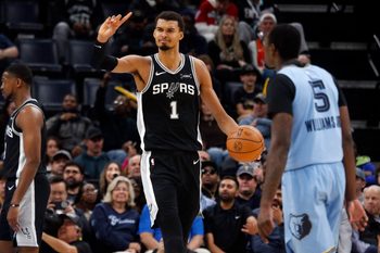 Jan 6, 2026; Memphis, Tennessee, USA; San Antonio Spurs forward Victor Wembanyama (1) reacts during the second quarter against the Memphis Grizzlies at FedExForum. Mandatory Credit: Petre Thomas-Imagn Images