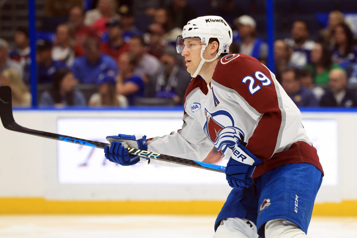 Jan 6, 2026; Tampa, Florida, USA; Colorado Avalanche center Nathan MacKinnon (29) skates against the Tampa Bay Lightning during the third period at Benchmark International Arena. Mandatory Credit: Kim Klement Neitzel-Imagn Images