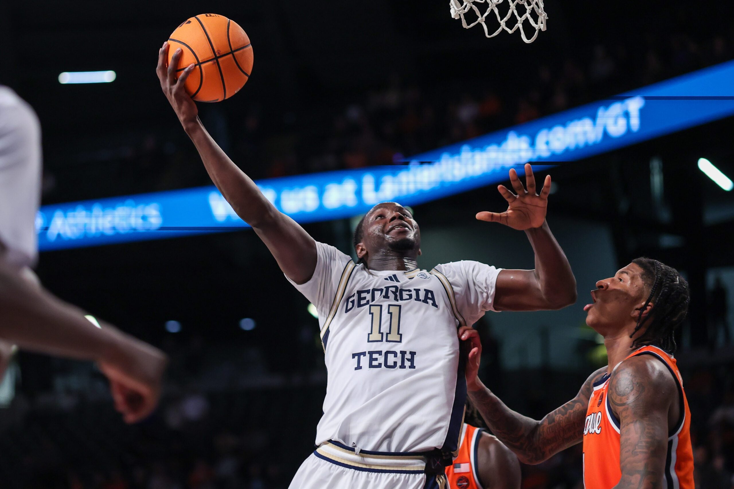 Jan 6, 2026; Atlanta, Georgia, USA; Georgia Tech Yellow Jackets forward Baye Ndongo (11) shoots against the Syracuse Orange in the second half at McCamish Pavilion. Mandatory Credit: Brett Davis-Imagn Images